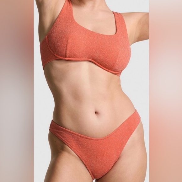 👙 PINK Victoria’s Secret Shimmer Coral Bikini Set | 3-Piece | Size Large - Picture 1 of 7